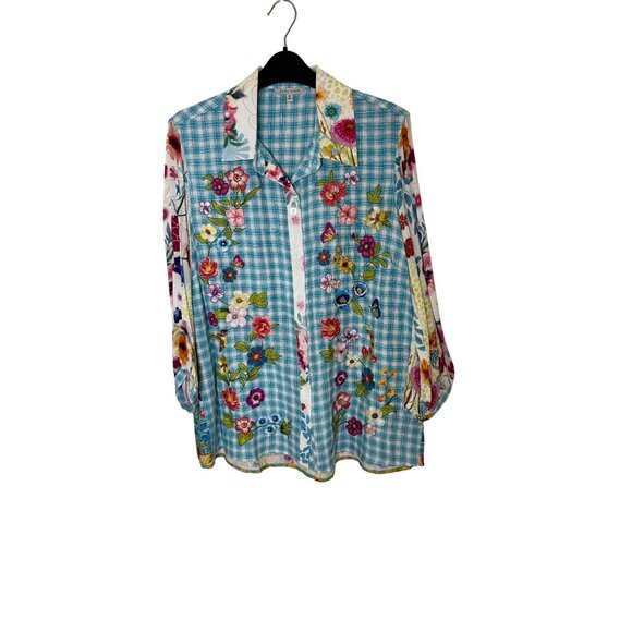 New John Mark Womens Medium Hummingbird Floral Lagenlook Button-Up Shirt Artsy - Picture 5 of 14